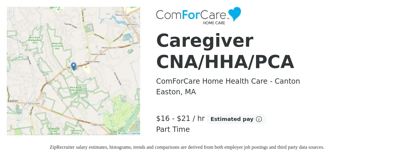 ComForCare Home Health Care - Canton job posting for a Caregiver CNA/HHA/PCA in Easton, MA with a salary of $17 to $22 Hourly with a map of Easton location.