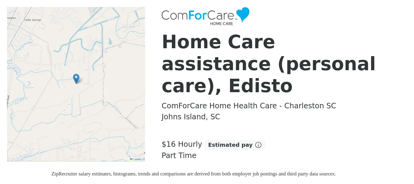 ComForCare Home Health Care - Charleston SC job posting for a Home Care assistance (personal care), Edisto in Johns Island, SC with a salary of $17 Hourly with a map of Johns Island location.