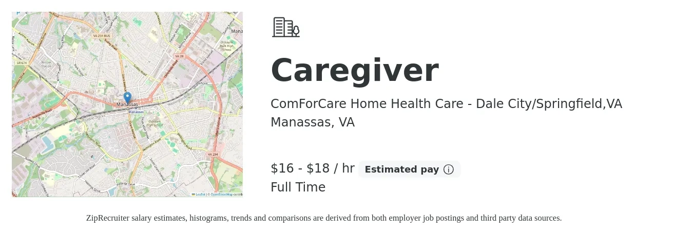 ComForCare Home Health Care - Dale City/Springfield,VA job posting for a Caregiver in Manassas, VA with a salary of $17 to $19 Hourly with a map of Manassas location.