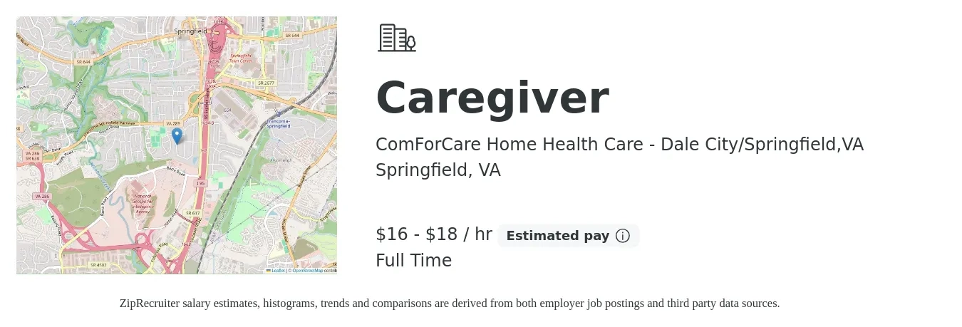 ComForCare Home Health Care - Dale City/Springfield,VA job posting for a Caregiver in Springfield, VA with a salary of $17 to $19 Hourly with a map of Springfield location.