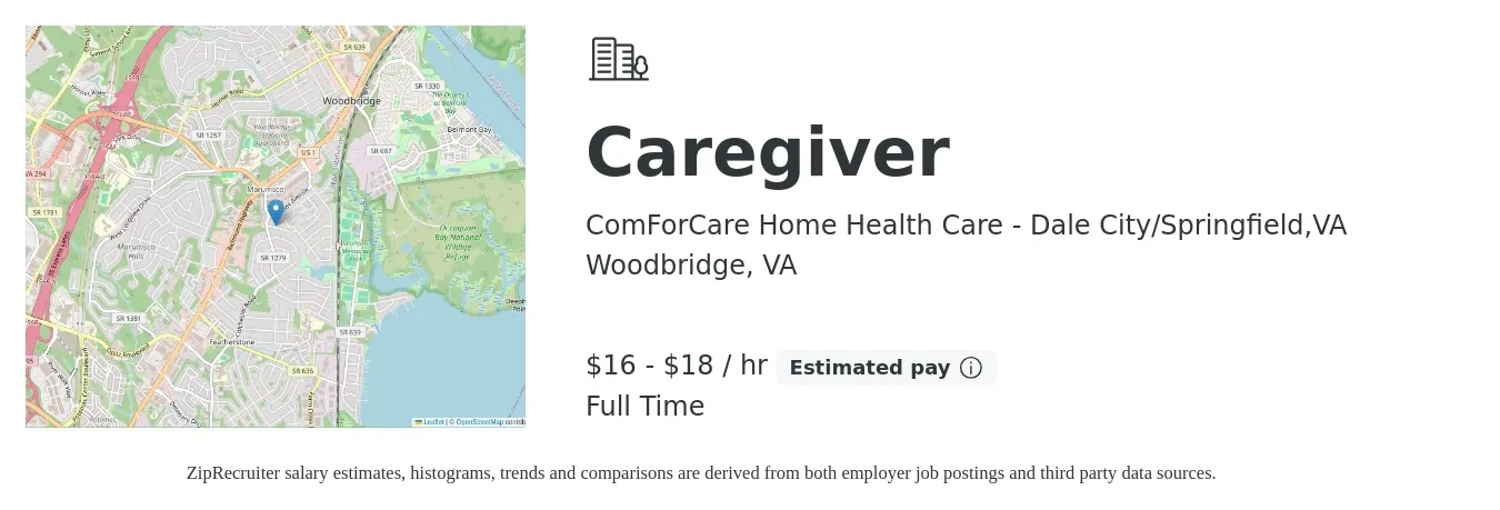 ComForCare Home Health Care - Dale City/Springfield,VA job posting for a Caregiver in Woodbridge, VA with a salary of $17 to $19 Hourly with a map of Woodbridge location.