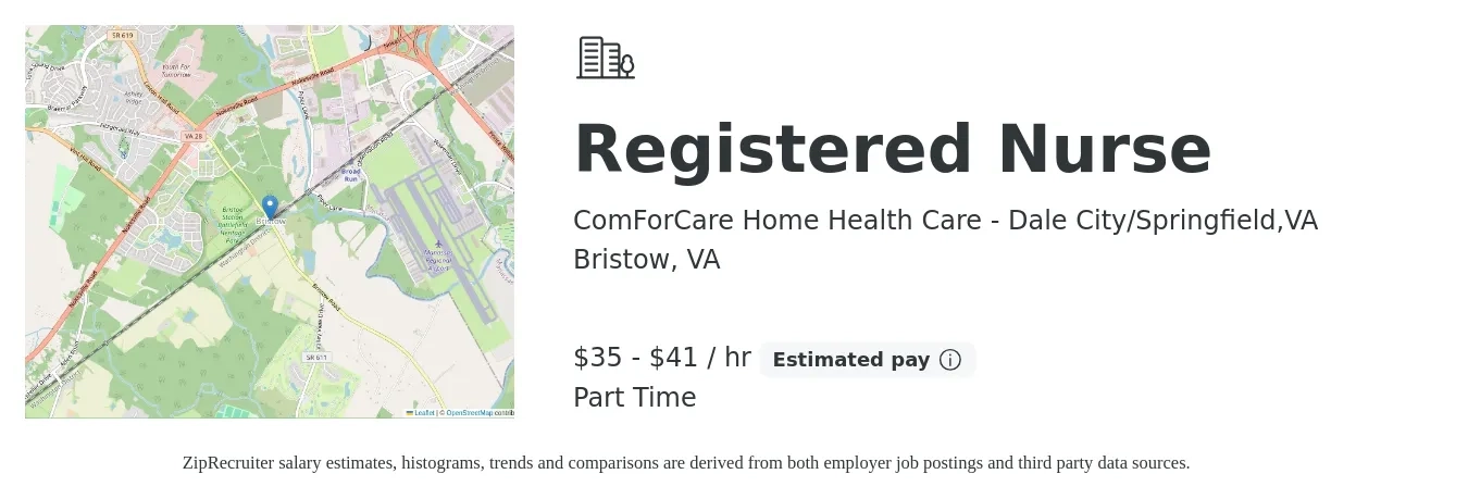 ComForCare Home Health Care - Dale City/Springfield,VA job posting for a Registered Nurse in Bristow, VA with a salary of $37 to $43 Hourly with a map of Bristow location.