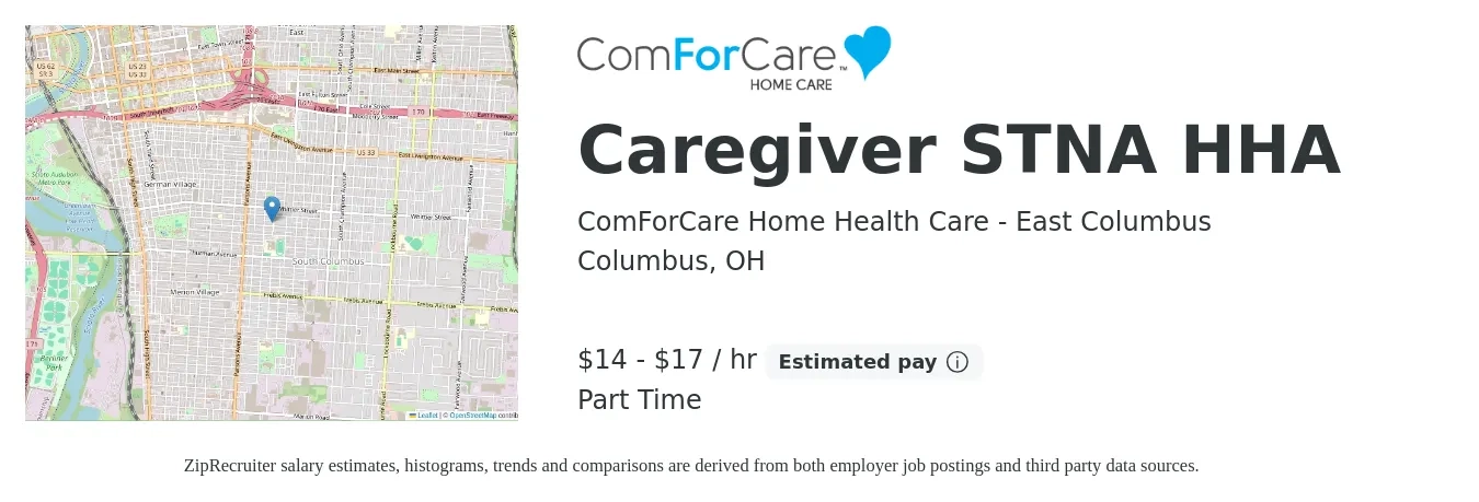 ComForCare Home Health Care - East Columbus job posting for a Caregiver STNA HHA in Columbus, OH with a salary of $15 to $18 Hourly with a map of Columbus location.