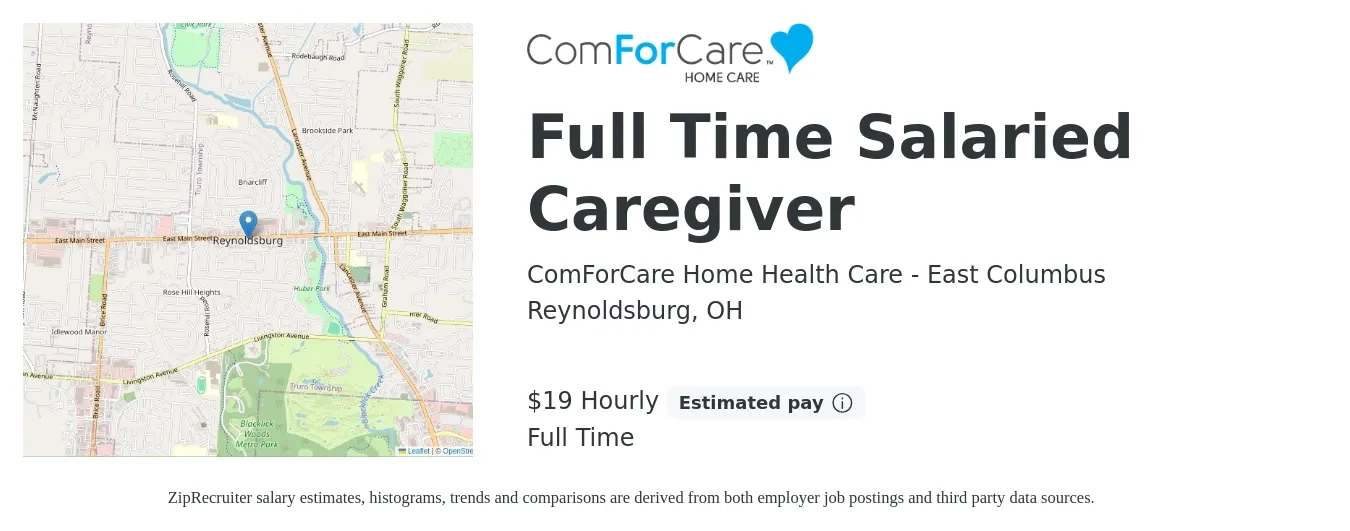 ComForCare Home Health Care - East Columbus job posting for a Full Time Salaried Caregiver in Reynoldsburg, OH with a salary of $20 Hourly with a map of Reynoldsburg location.