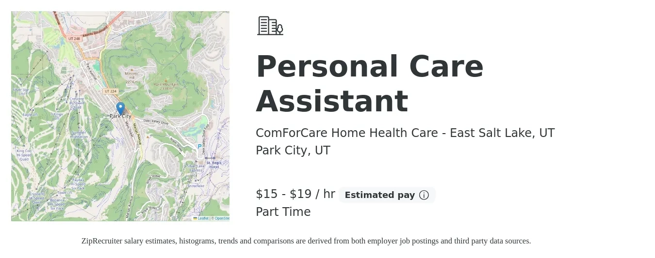 ComForCare Home Health Care - East Salt Lake, UT job posting for a Personal Care Assistant in Park City, UT with a salary of $16 to $20 Hourly with a map of Park City location.