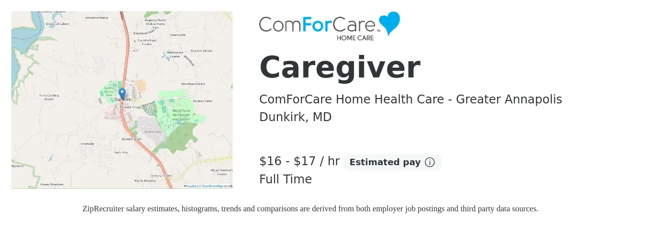 ComForCare Home Health Care - Greater Annapolis job posting for a Caregiver in Dunkirk, MD with a salary of $17 to $18 Hourly with a map of Dunkirk location.
