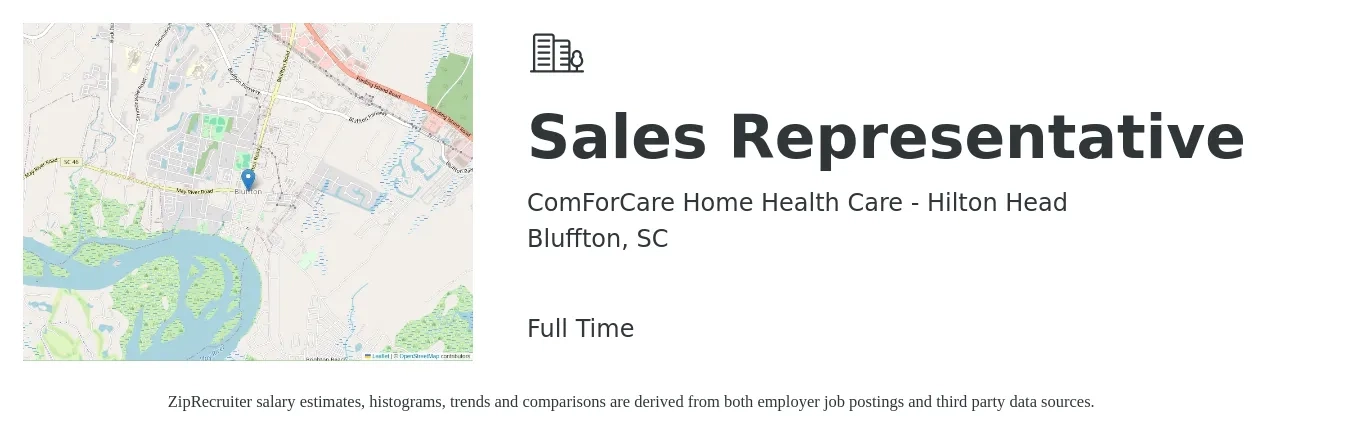 ComForCare Home Health Care - Hilton Head job posting for a Sales Representative in Bluffton, SC with a salary of $49,800 to $86,600 Yearly with a map of Bluffton location.