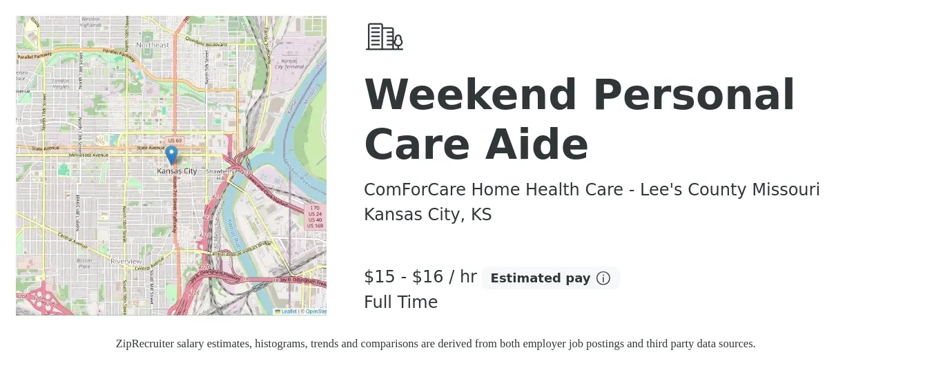 ComForCare Home Health Care - Lee's County Missouri job posting for a Weekend Personal Care Aide in Kansas City, KS with a salary of $16 to $17 Hourly with a map of Kansas City location.