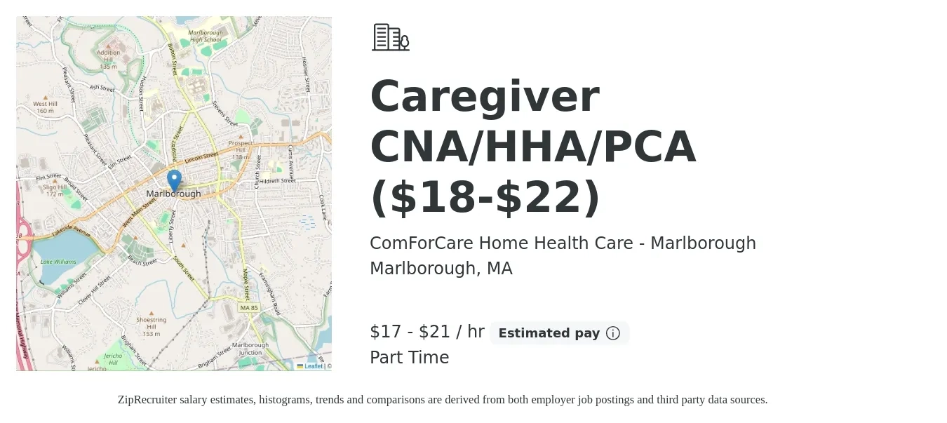 ComForCare Home Health Care - Marlborough job posting for a Caregiver CNA/HHA/PCA ($18-$22) in Marlborough, MA with a salary of $18 to $22 Hourly with a map of Marlborough location.