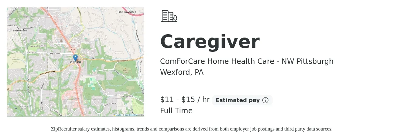 ComForCare Home Health Care - NW Pittsburgh job posting for a Caregiver in Wexford, PA with a salary of $12 to $16 Hourly with a map of Wexford location.