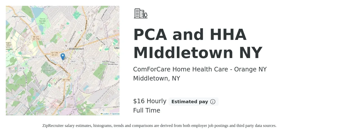 ComForCare Home Health Care - Orange NY job posting for a PCA and HHA MIddletown NY in Middletown, NY with a salary of $18 Hourly with a map of Middletown location.