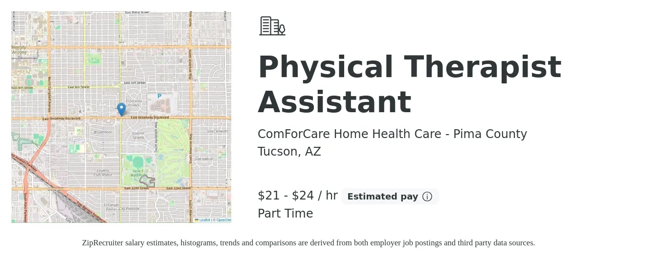 ComForCare Home Health Care - Pima County job posting for a Physical Therapist Assistant in Tucson, AZ with a salary of $22 to $25 Hourly with a map of Tucson location.
