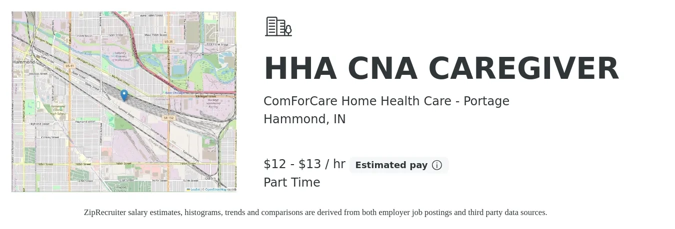 ComForCare Home Health Care - Portage job posting for a HHA CNA CAREGIVER in Hammond, IN with a salary of $13 to $15 Hourly with a map of Hammond location.
