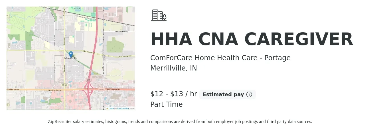 ComForCare Home Health Care - Portage job posting for a HHA CNA CAREGIVER in Merrillville, IN with a salary of $13 to $14 Hourly with a map of Merrillville location.