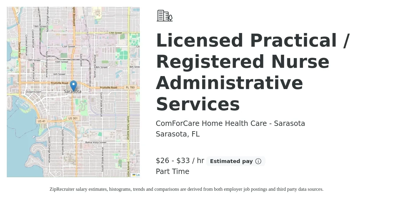 ComForCare Home Health Care - Sarasota job posting for a Licensed Practical / Registered Nurse Administrative Services in Sarasota, FL with a salary of $28 to $35 Hourly with a map of Sarasota location.