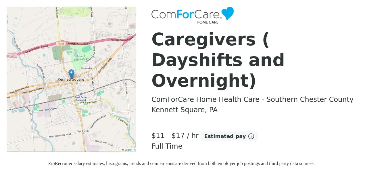 ComForCare Home Health Care - Southern Chester County job posting for a Caregivers ( Dayshifts and Overnight) in Kennett Square, PA with a salary of $12 to $18 Hourly with a map of Kennett Square location.