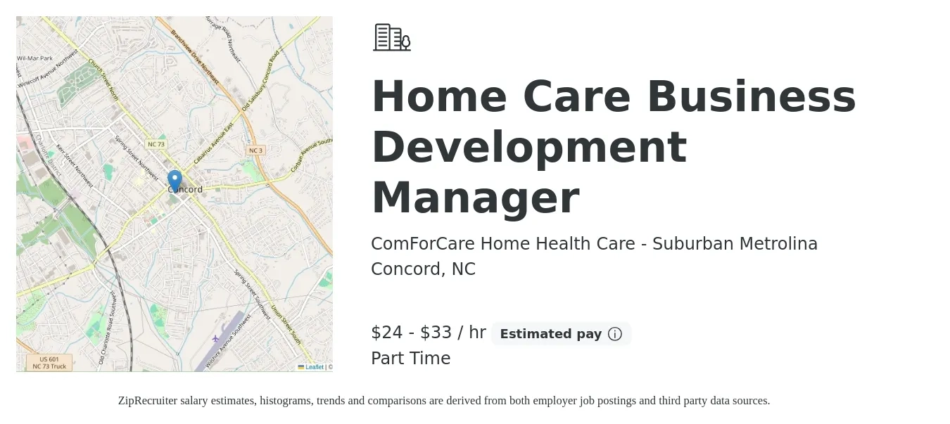 ComForCare Home Health Care - Suburban Metrolina job posting for a Home Care Business Development Manager in Concord, NC with a salary of $25 to $35 Hourly with a map of Concord location.