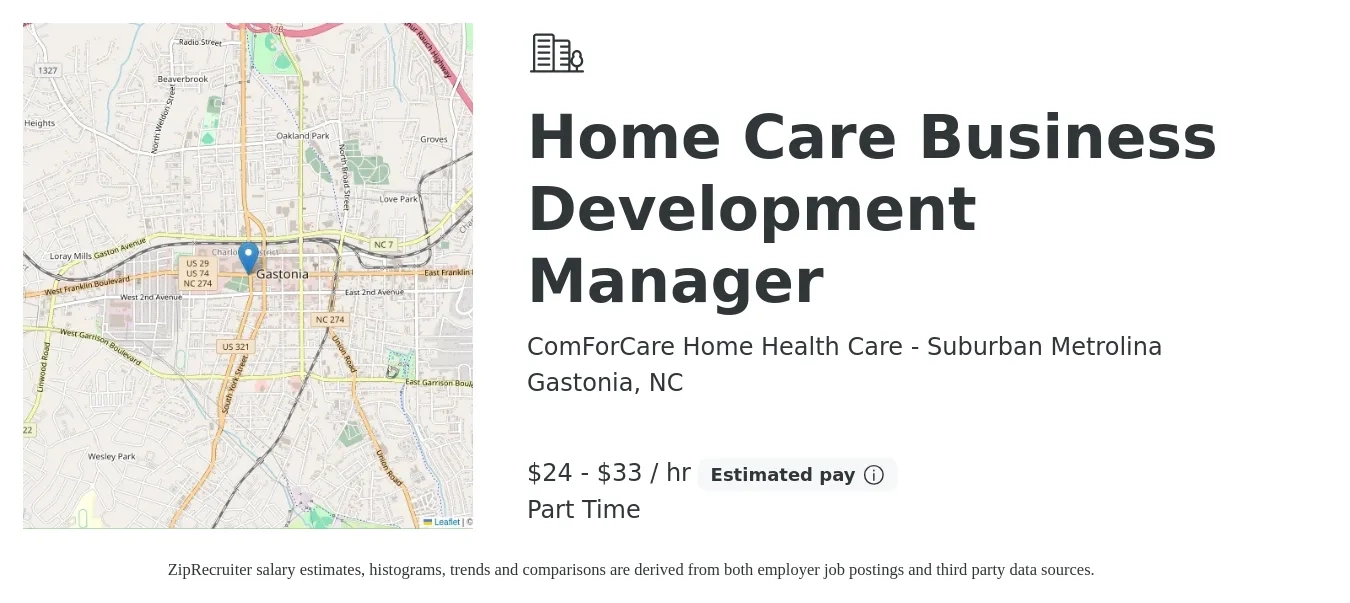 ComForCare Home Health Care - Suburban Metrolina job posting for a Home Care Business Development Manager in Gastonia, NC with a salary of $25 to $35 Hourly with a map of Gastonia location.