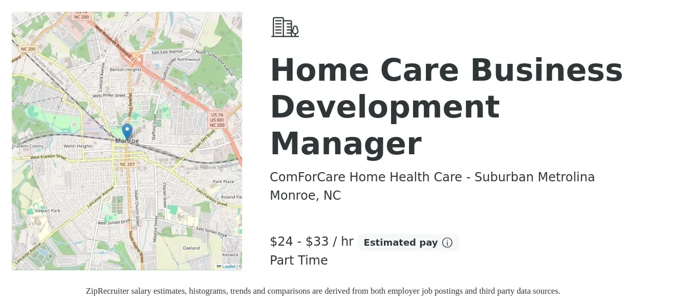 ComForCare Home Health Care - Suburban Metrolina job posting for a Home Care Business Development Manager in Monroe, NC with a salary of $25 to $35 Hourly with a map of Monroe location.