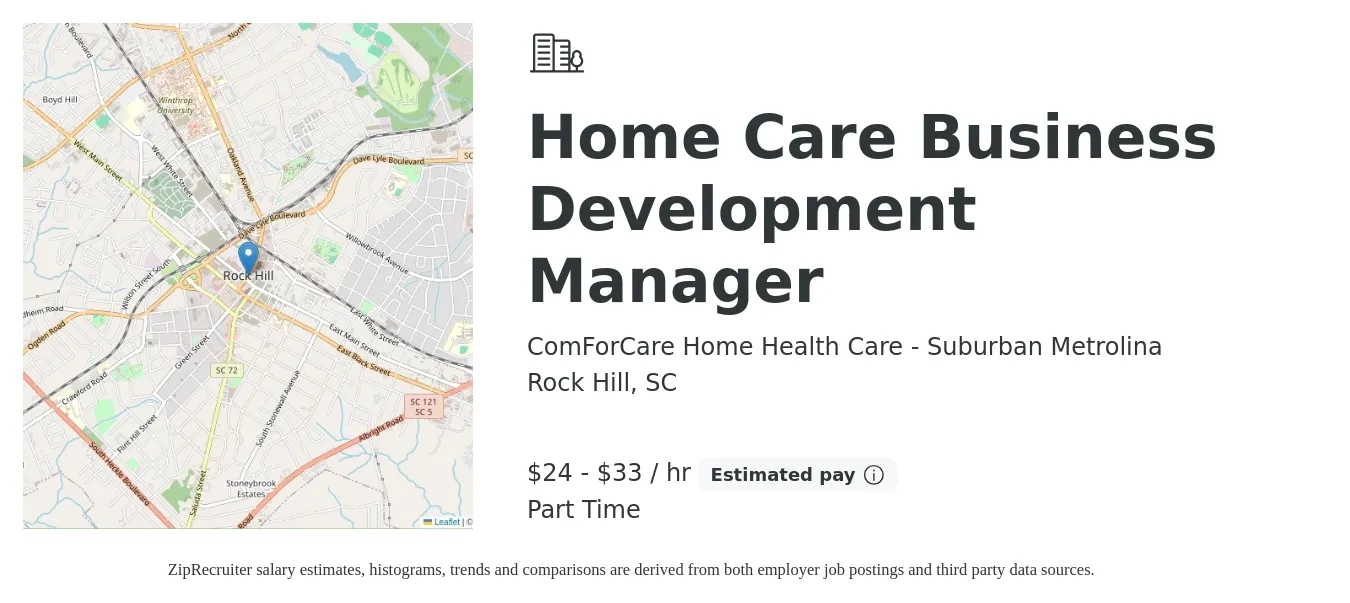ComForCare Home Health Care - Suburban Metrolina job posting for a Home Care Business Development Manager in Rock Hill, SC with a salary of $25 to $35 Hourly with a map of Rock Hill location.