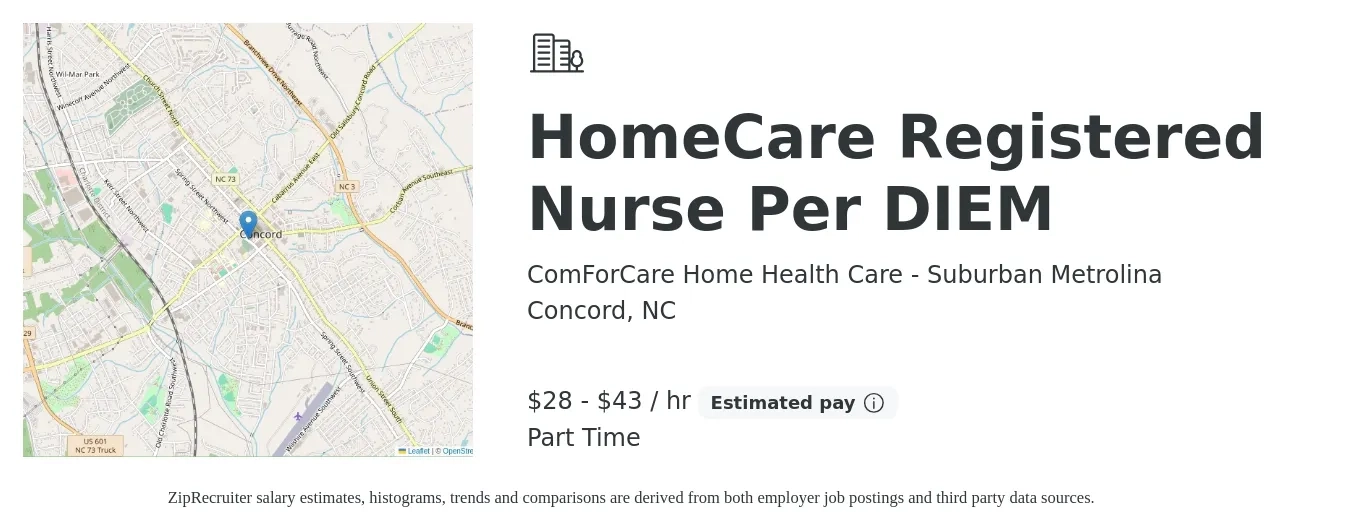 ComForCare Home Health Care - Suburban Metrolina job posting for a HomeCare Registered Nurse Per DIEM in Concord, NC with a salary of $30 to $45 Hourly with a map of Concord location.