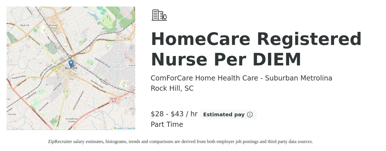 ComForCare Home Health Care - Suburban Metrolina job posting for a HomeCare Registered Nurse Per DIEM in Rock Hill, SC with a salary of $30 to $45 Hourly with a map of Rock Hill location.