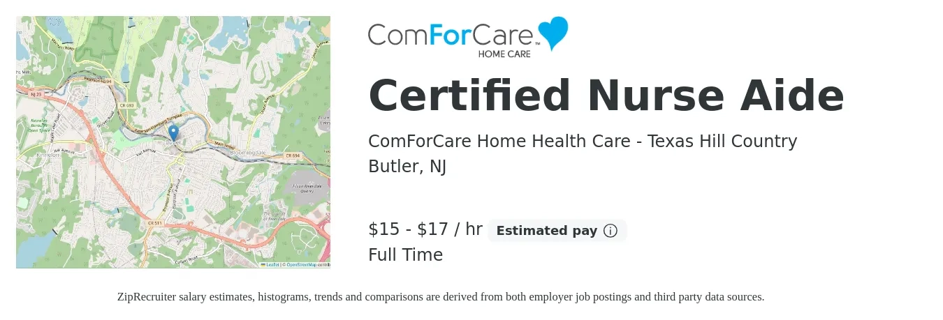 ComForCare Home Health Care - Texas Hill Country job posting for a Certified Nurse Aide in Butler, NJ with a salary of $16 to $18 Hourly with a map of Butler location.