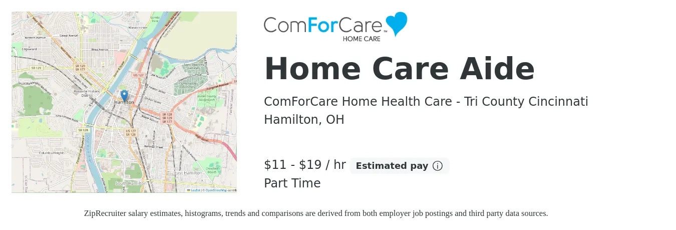ComForCare job posting for a Home Care Aide in Hamilton, OH with a salary of $12 to $20 Hourly with a map of Hamilton location.