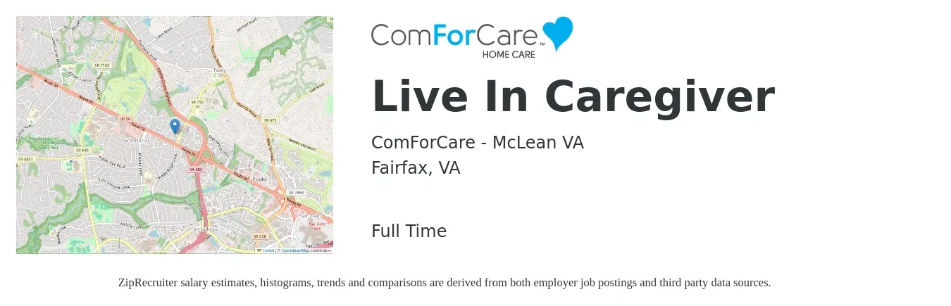 ComForCare - McLean VA job posting for a Live In Caregiver in Fairfax, VA with a salary of $4,800 to $7,650 Monthly with a map of Fairfax location.