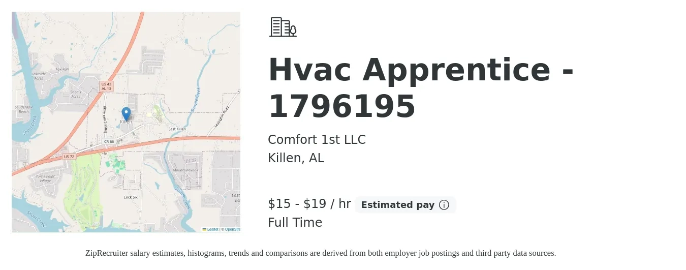 Comfort 1st LLC job posting for a Hvac Apprentice - 1796195 in Killen, AL with a salary of $16 to $20 Hourly with a map of Killen location.