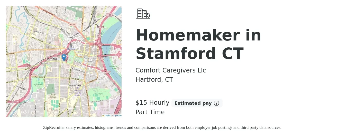 Comfort Caregivers Llc job posting for a Homemaker in Stamford CT in Hartford, CT with a salary of $16 Hourly with a map of Hartford location.