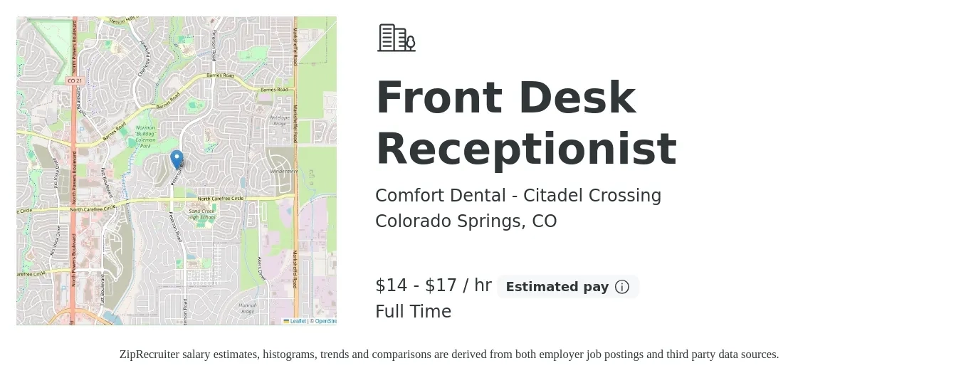 Comfort Dental - Citadel Crossing job posting for a Front Desk Receptionist in Colorado Springs, CO with a salary of $15 to $18 Hourly with a map of Colorado Springs location.