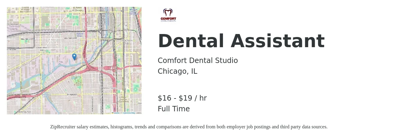 Comfort Dental Studio job posting for a Dental Assistant in Chicago, IL with a salary of $17 to $19 Hourly with a map of Chicago location.