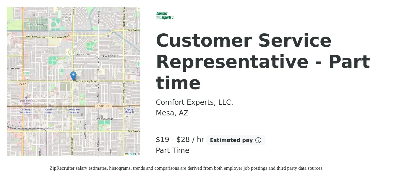 Comfort Experts, LLC. job posting for a Customer Service Representative - Part time in Mesa, AZ with a salary of $20 to $30 Hourly with a map of Mesa location.