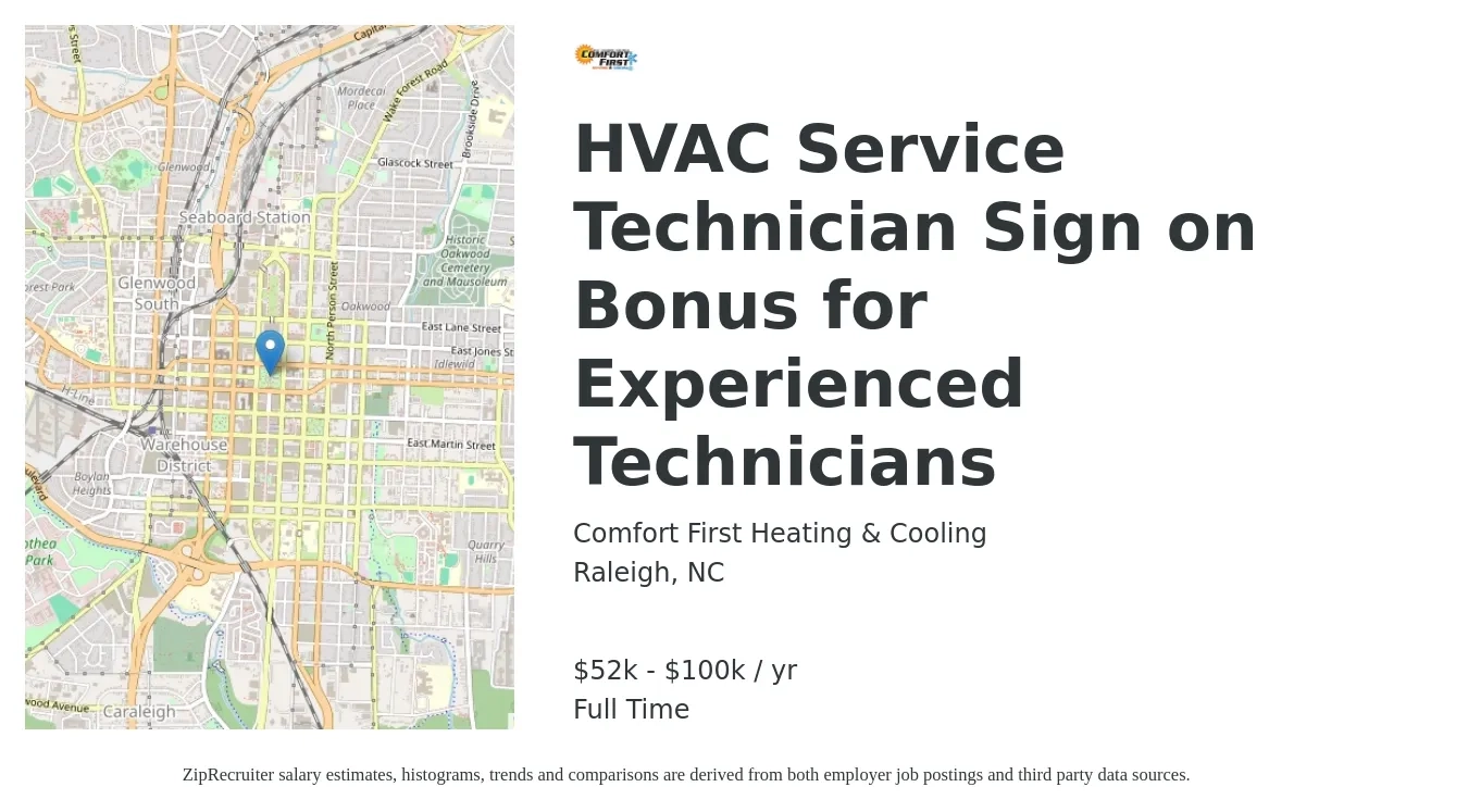 Comfort First Heating & Cooling job posting for a HVAC Service Technician Sign On Bonus for Experienced Technicians in Raleigh, NC with a salary of $52,000 to $100,000 Yearly with a map of Raleigh location.