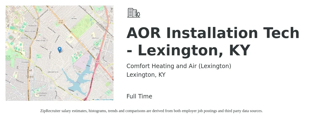 Comfort Heating and Air (Lexington) job posting for a AOR Installation Tech - Lexington, KY in Lexington, KY with a salary of $21 to $32 Hourly with a map of Lexington location.