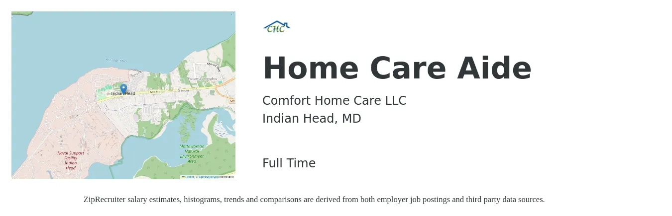 Comfort Home Care LLC job posting for a Home Care Aide in Indian Head, MD with a salary of $13 to $18 Hourly with a map of Indian Head location.