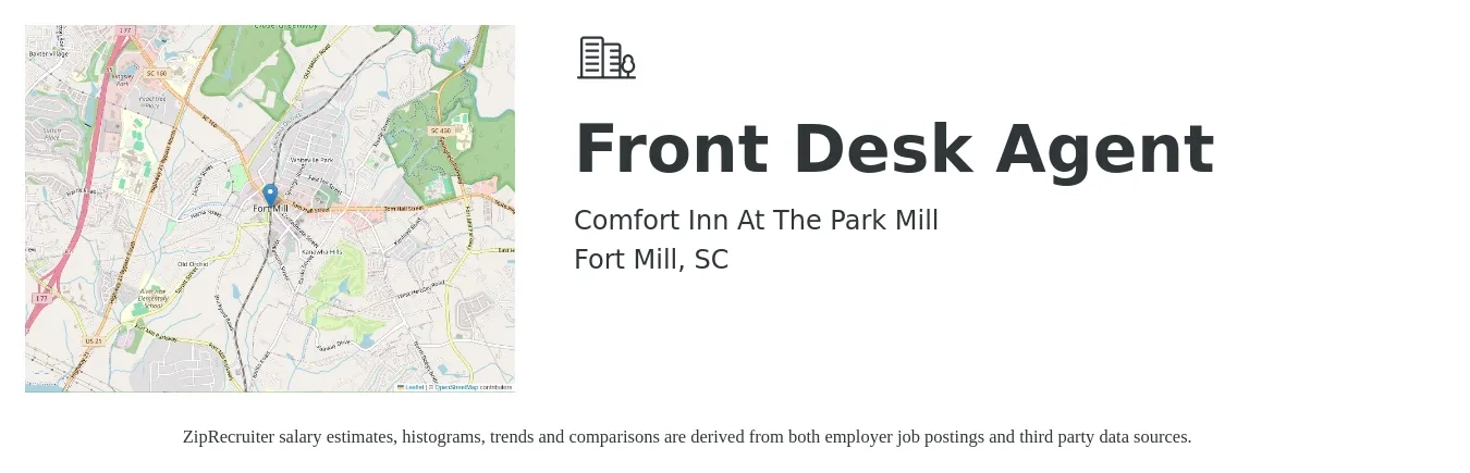 Comfort Inn At The Park Mill job posting for a Front Desk Agent in Fort Mill, SC with a salary of $12 to $16 Hourly with a map of Fort Mill location.