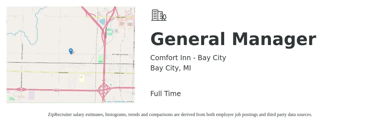 Comfort Inn - Bay City job posting for a General Manager in Bay City, MI with a salary of $46,000 to $68,800 Yearly with a map of Bay City location.