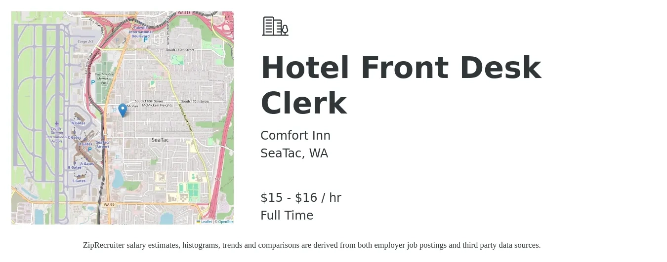 Comfort Inn job posting for a Hotel Front Desk Clerk in SeaTac, WA with a salary of $16 to $18 Hourly with a map of SeaTac location.