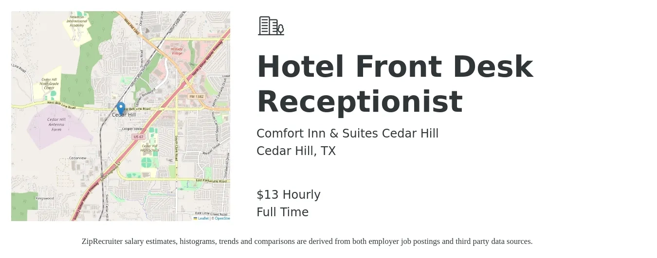 Comfort Inn & Suites Cedar Hill job posting for a Hotel Front Desk Receptionist in Cedar Hill, TX with a salary of $14 Hourly with a map of Cedar Hill location.