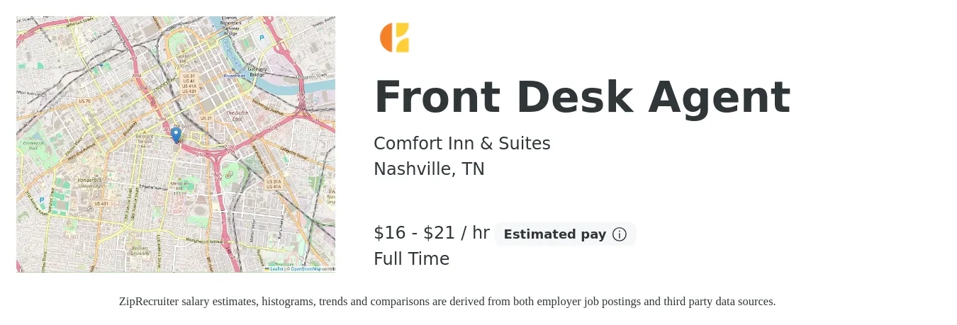 Comfort Inn & Suites job posting for a Front Desk Agent in Nashville, TN with a salary of $17 to $22 Hourly (plus commission) with a map of Nashville location.