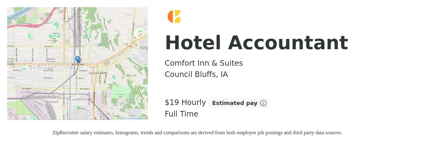 Comfort Inn & Suites job posting for a Hotel Accountant in Council Bluffs, IA with a salary of $20 Hourly with a map of Council Bluffs location.