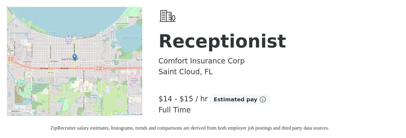 Comfort Insurance Corp job posting for a Receptionist in Saint Cloud, FL with a salary of $15 Hourly with a map of Saint Cloud location.
