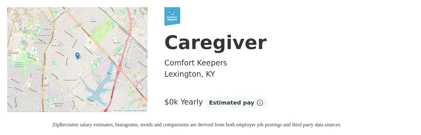 Comfort Keepers job posting for a Caregiver in Lexington, KY with a salary of $15 to $19 Yearly with a map of Lexington location.