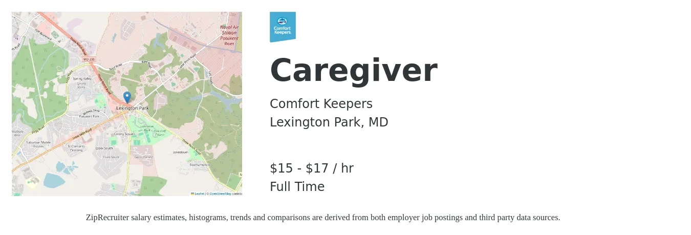 Comfort Keepers job posting for a Caregiver in Lexington Park, MD with a salary of $16 to $18 Hourly with a map of Lexington Park location.