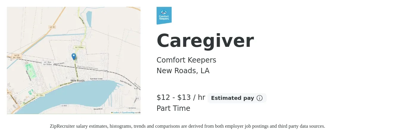 Comfort Keepers job posting for a Caregiver in New Roads, LA with a salary of $12 to $14 Hourly with a map of New Roads location.