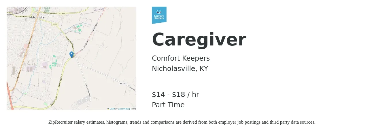 Comfort Keepers job posting for a Caregiver in Nicholasville, KY with a salary of $15 to $19 Yearly with a map of Nicholasville location.