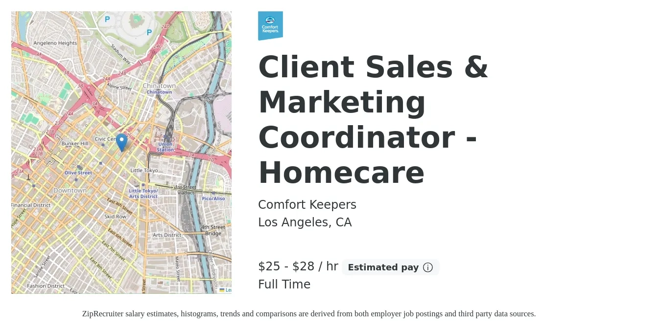 Comfort Keepers job posting for a Client Sales & Marketing Coordinator - Homecare in Los Angeles, CA with a salary of $26 to $30 Hourly with a map of Los Angeles location.