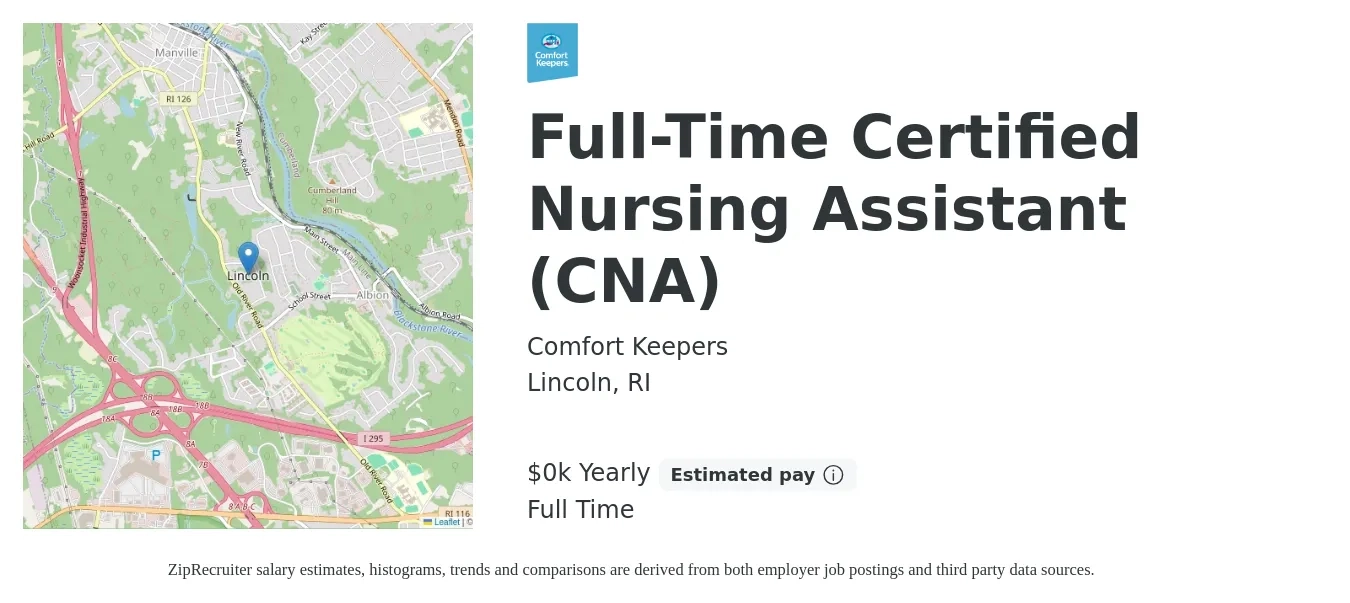 Comfort Keepers job posting for a Full-Time Certified Nursing Assistant (CNA) in Lincoln, RI with a salary of $18 to $20 Yearly with a map of Lincoln location.